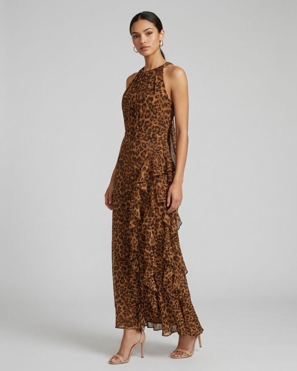 NWT Betsy & Adam Leopard Print Chiffon Halter Ruffle Maxi Dress Size 6